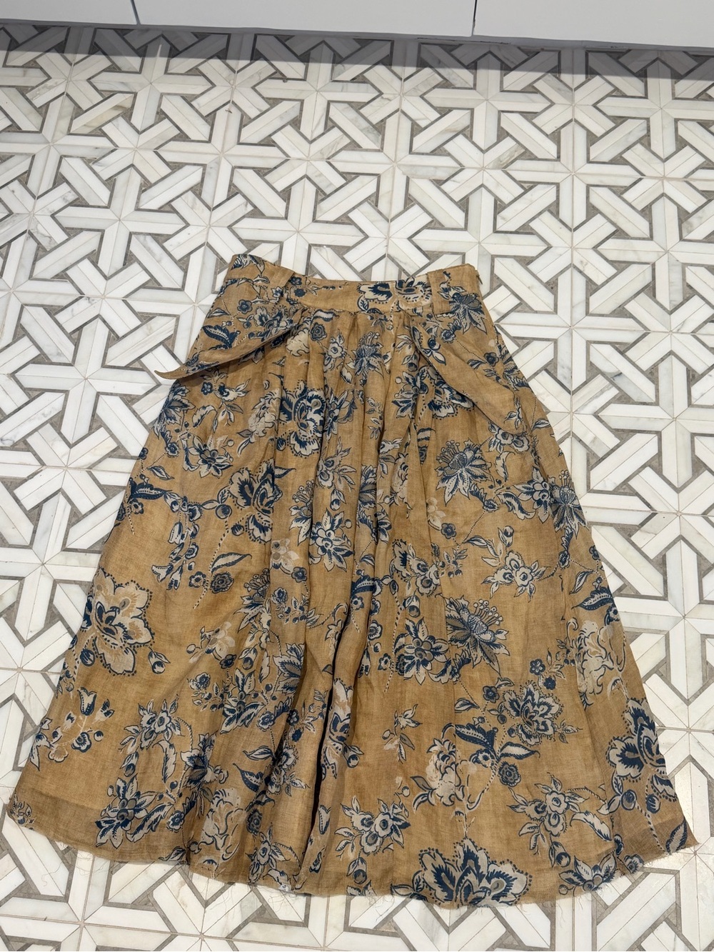 Zara Mustard Floral Midi Skirt with Navy Print
